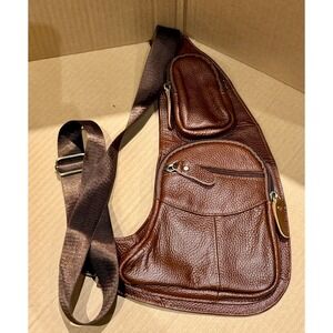 Mens Brown Pebble Grain Leather Sling Bag Crossbody Tactical Chest Pack Travel